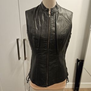 Newport News Black Leather Sleeveless Zip Vest